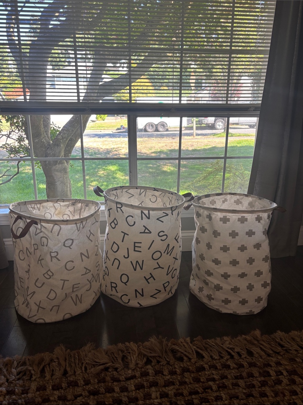 Set of 3 Collapsible Canvas Storage Baskets in White and Gray